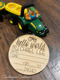 Birth Announcements. Engraved name- Round Birth Stats- Natural finish.