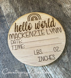 Birth Announcements. Engraved name- Round Birth Stats- Natural finish.