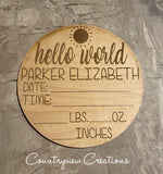 Birth Announcements. Engraved name- Round Birth Stats- Natural finish.